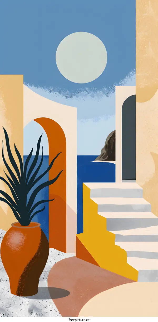 Abstract Minimalist Illustration of a Mediterranean House with a View of the Sea