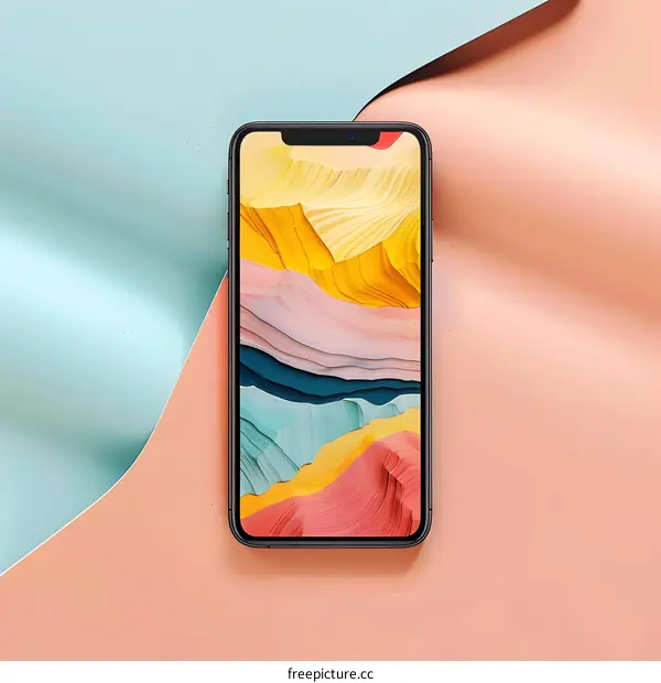 Phone with Colorful Abstract Art Background on Pink and Blue Surface