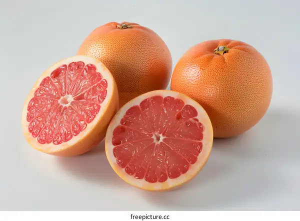 Close up of three grapefruits, one sliced in half