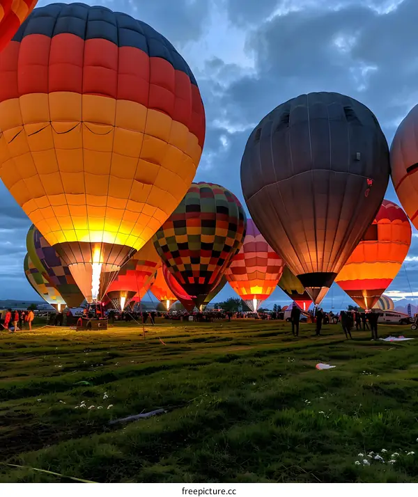 Hot Air Balloons  Glowing at Sunset in a Field
