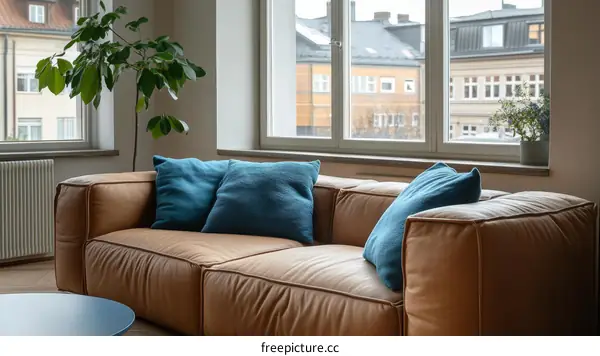 Modern Living Room with Leather Sofa and Teal Pillows
