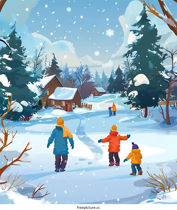 Winter Wonderland Family Walking Through Snowy Landscape