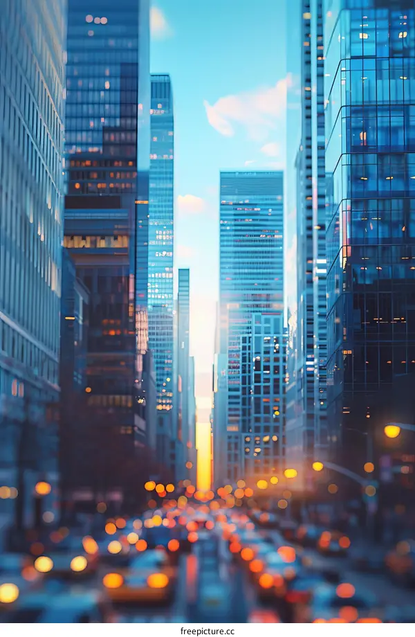 A bustling city street with skyscrapers and traffic