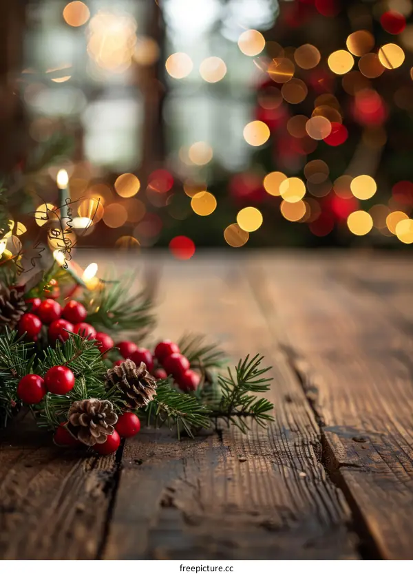 Rustic Christmas background with fir branches and berries