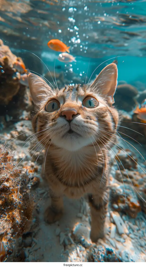 Curious Cat Swimming Underwater and Looking Up