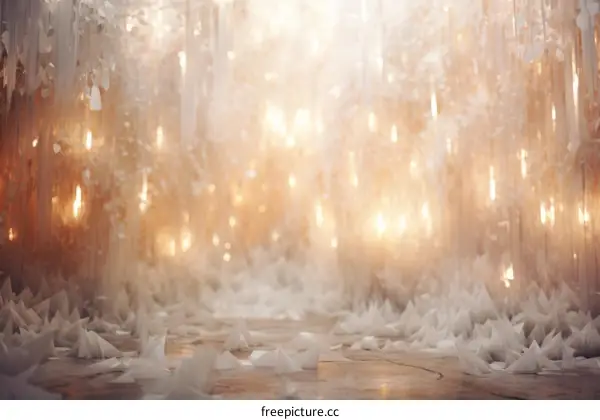 White paper flowers and lights in the room with marble floor