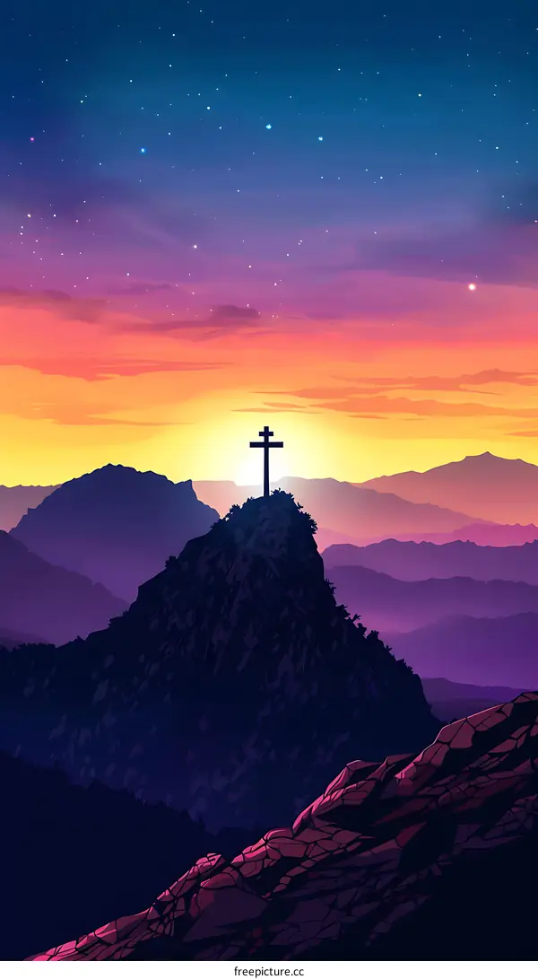Mountain Silhouette with Cross at Sunset