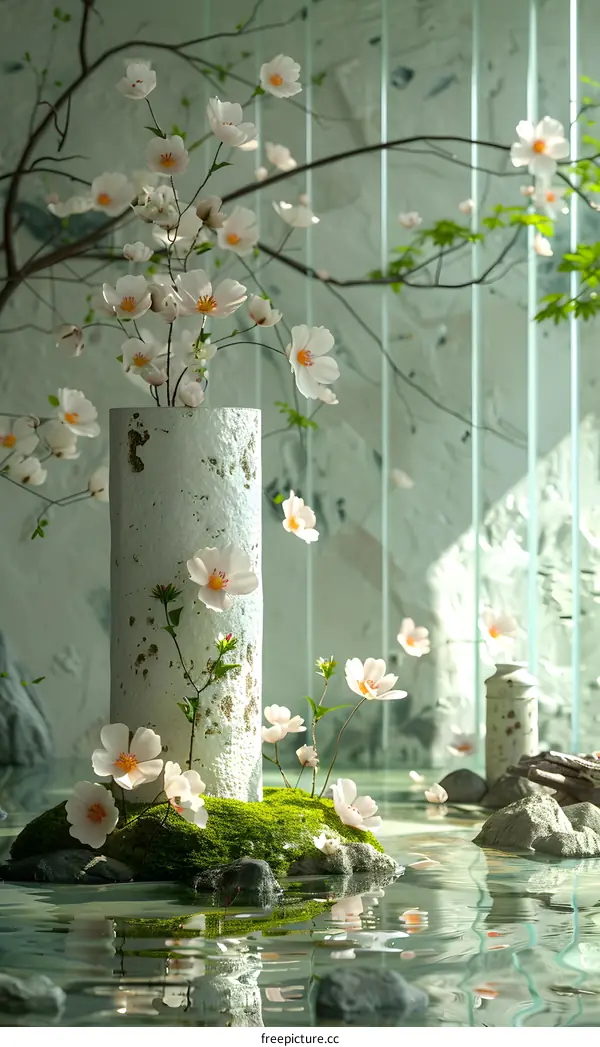 White Flower Arrangement on a Rock in Water