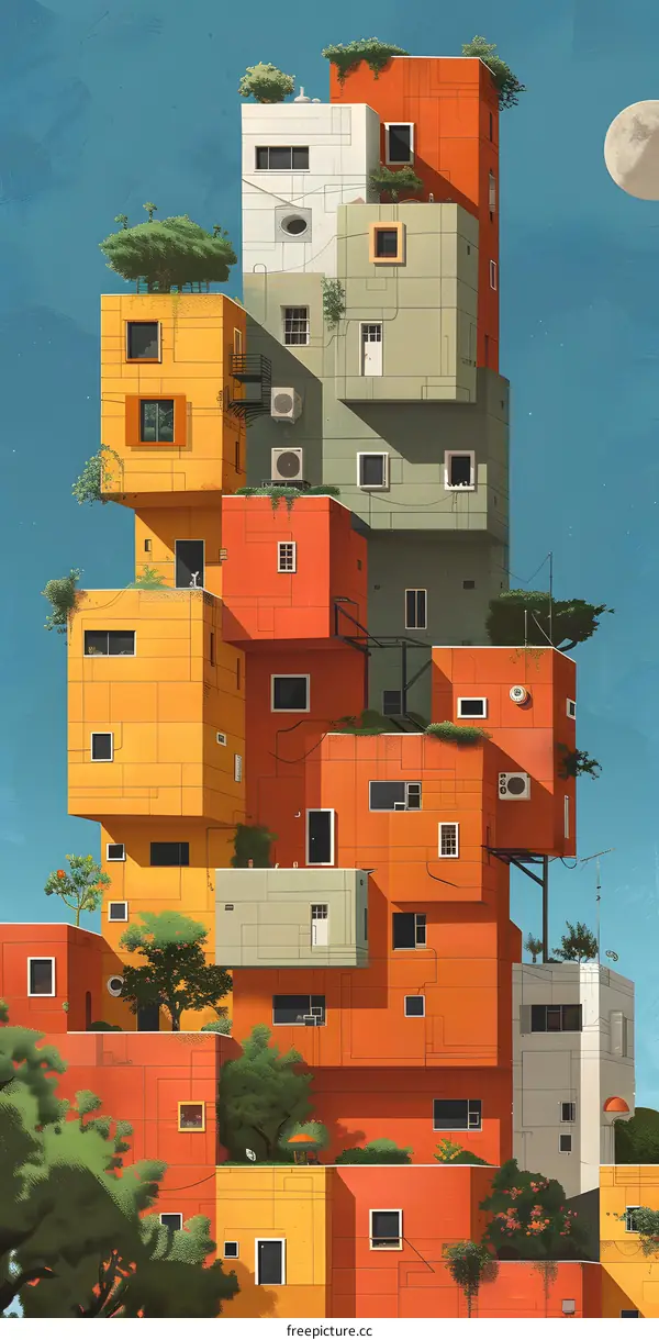 A colorful illustration of a city with geometric shapes and trees