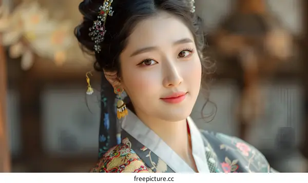 Portrait of a young woman in traditional Korean dress, or Hanbok
