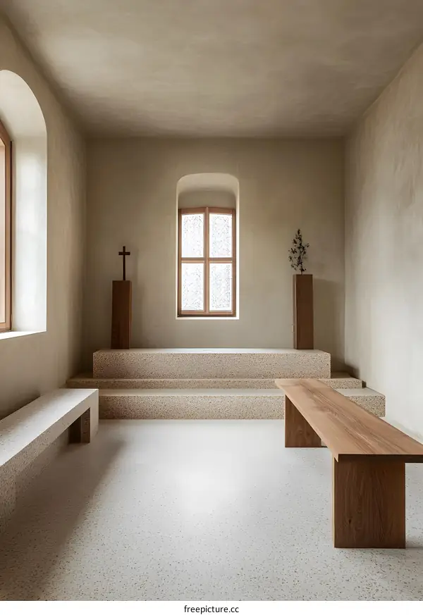 Minimalist Interior Design of a Small Chapel with Wooden Bench and Cross