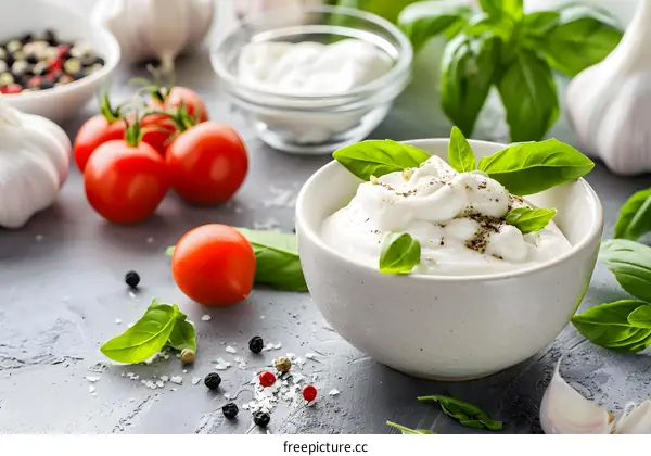 Close Up of Creamy White Sauce with Basil and Pepper