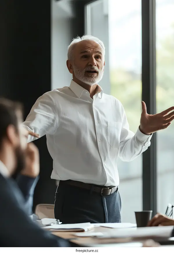 Senior Businessman Giving Presentation To Colleagues In Office Meeting