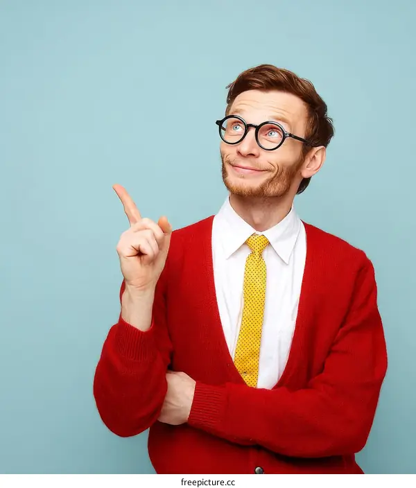 Stylish Man Pointing Upward against a Light Blue Background