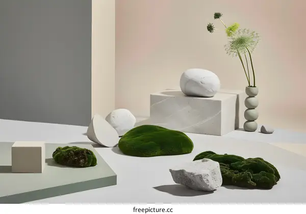 Minimalist Still Life Photography with Green Moss, Stones and a Vase