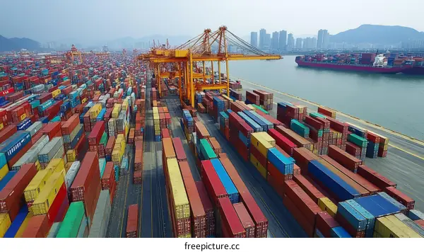 Aerial View of a Busy Container Port