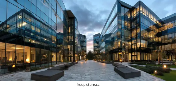 Modern Office Buildings at Dusk with Glass Facades
