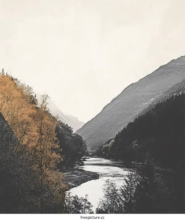Mountain River Landscape With Golden Trees