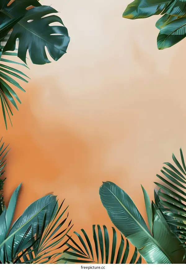 Tropical Leaves Border on Orange Background