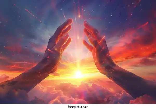 Two hands reaching out to the sky with a bright light in the background