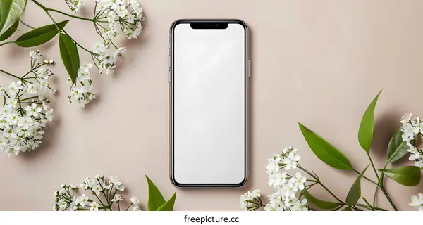 White Flowers and Smartphone on Beige Background