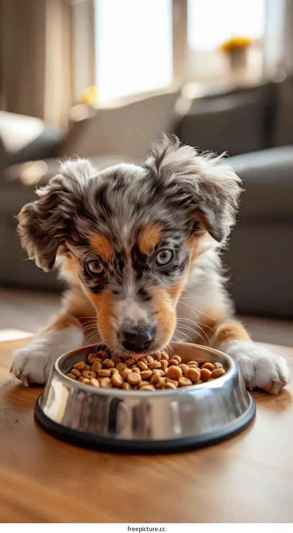Cute Puppy Eating from a Bowl