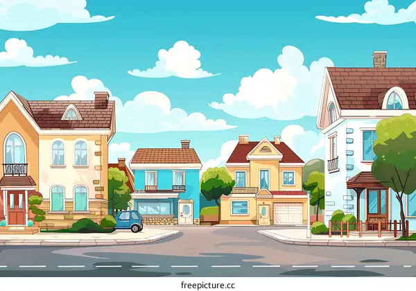 Cartoon Illustration of a Sunny Day Neighborhood
