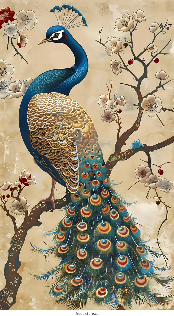 Vintage Peacock Illustration with Chinese Plum Blossoms