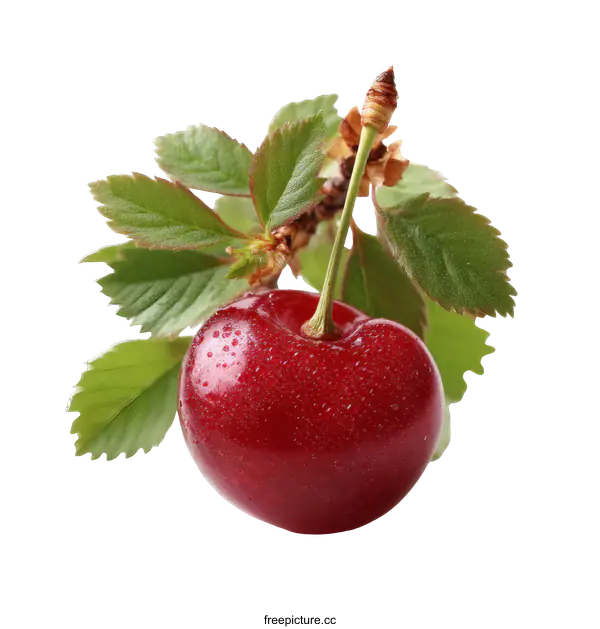[Transparent Background PNG]Close up of a single ripe cherry with leaves