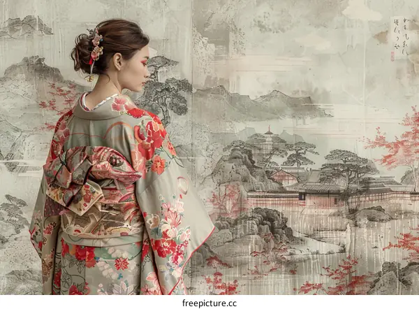 An elegant woman wearing a kimono with a vintage Japanese painting in the background