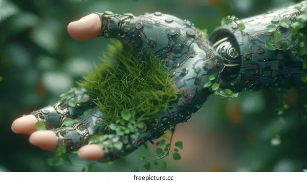 A robot hand holding a handful of grass