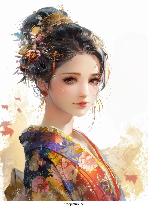 An illustration of a beautiful Japanese woman in a kimono with a traditional hairstyle and hair accessories.