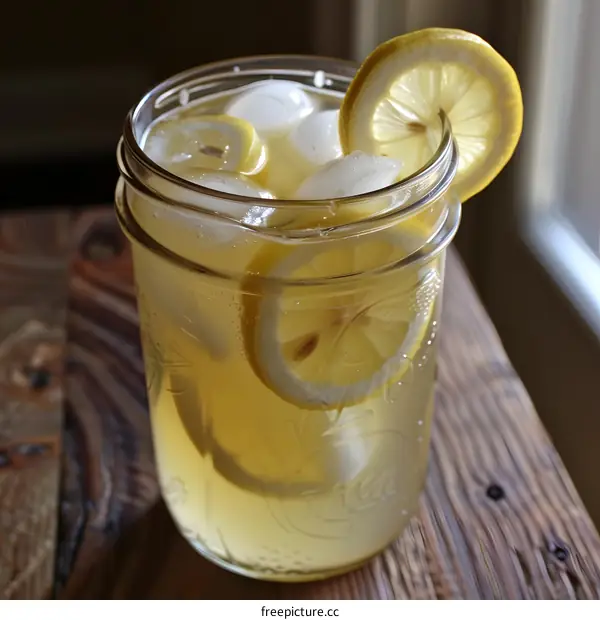 Refreshing Homemade Lemonade in a Mason Jar with Lemon Slices and Ice