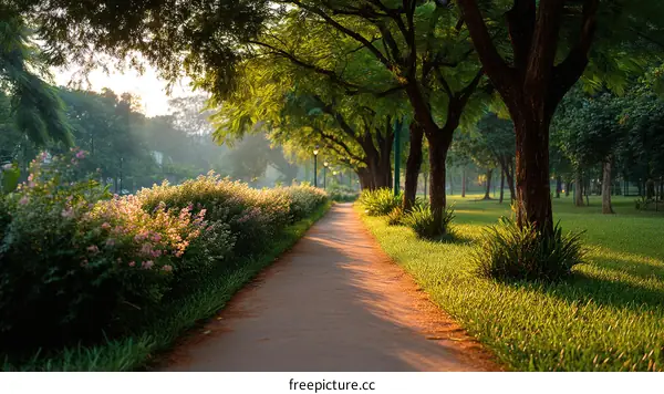 Morning Sunshine Path in a Lush Park