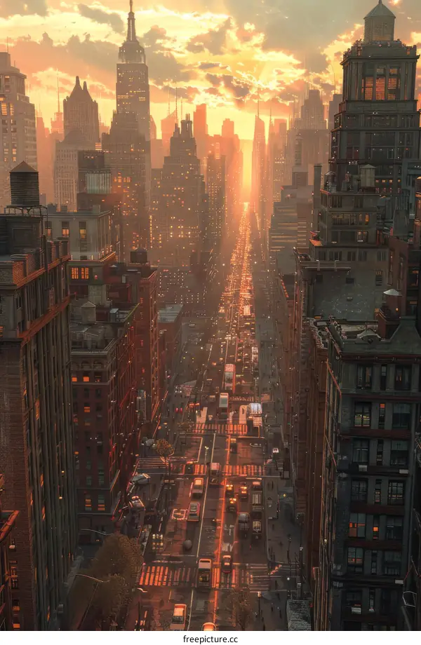 A bustling city street flanked by skyscrapers