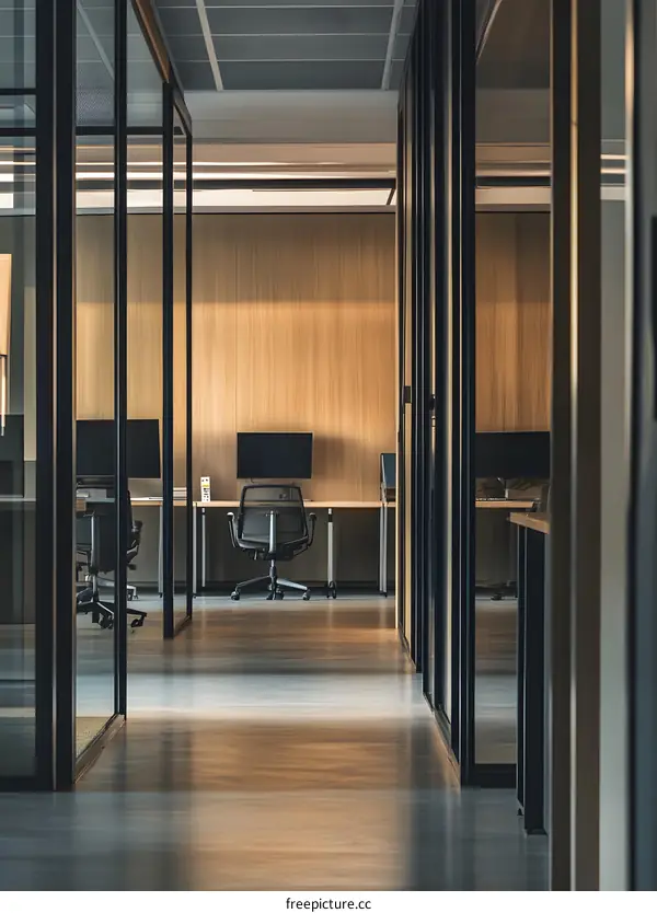 Modern Office Interior Design with Wooden Walls and Glass Partitions