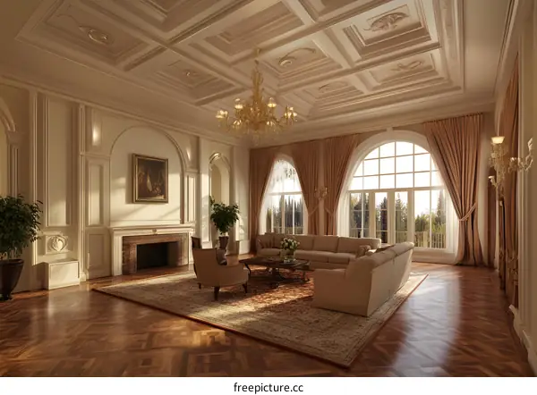 Luxury Living Room With  Arched Windows And Fireplace