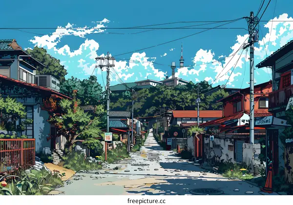 Japanese Street Illustration With Blue Sky And White Clouds