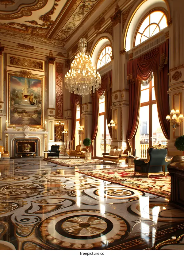 Luxurious Interior Design with Chandelier and Marble Floor
