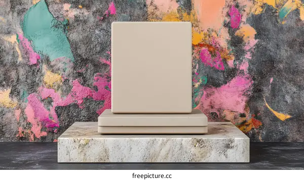 Abstract Beige Square Display on Colorful Stone Background