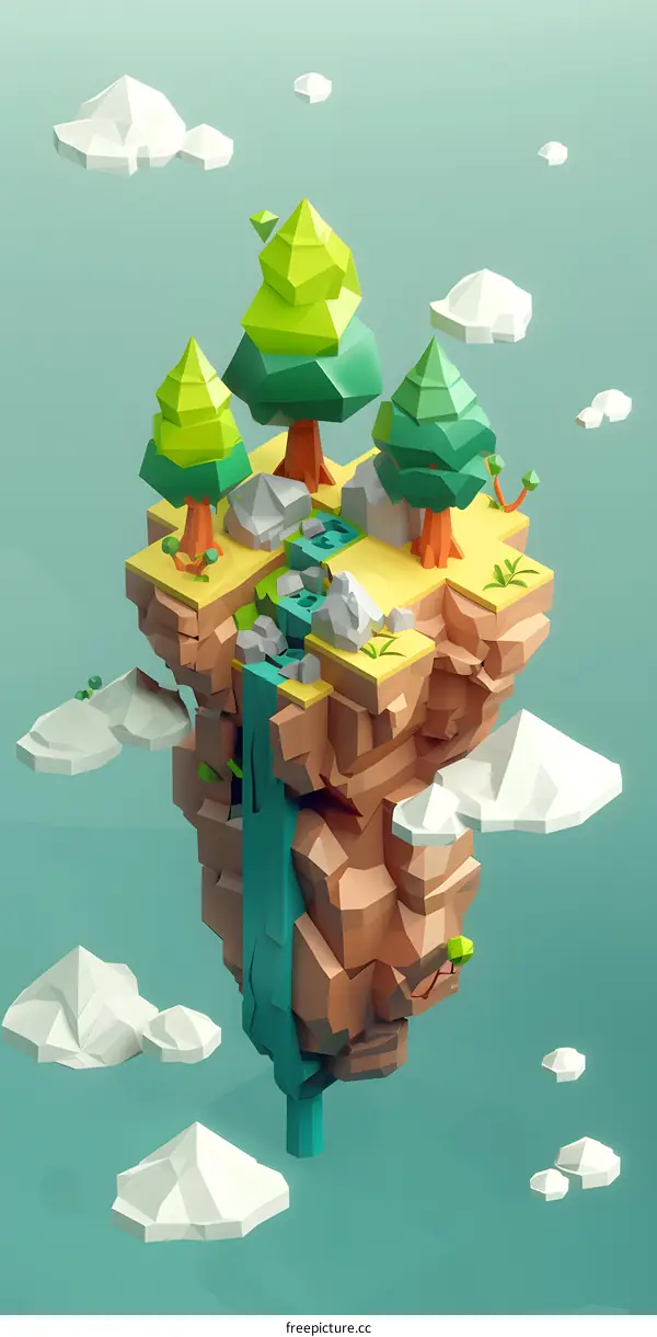 Low Poly 3D Illustration Of An Island In The Sky With Trees And Waterfall