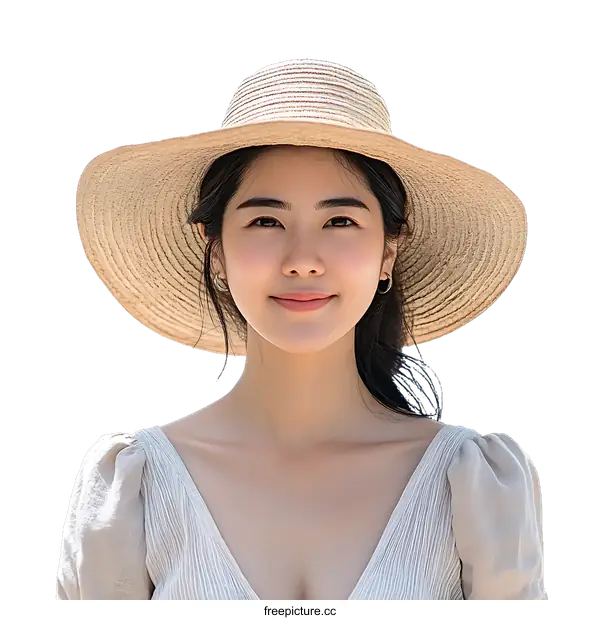 [Transparent Background PNG]Smiling Asian Woman Wearing a Straw Hat