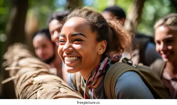 Smiling woman with friends in the background