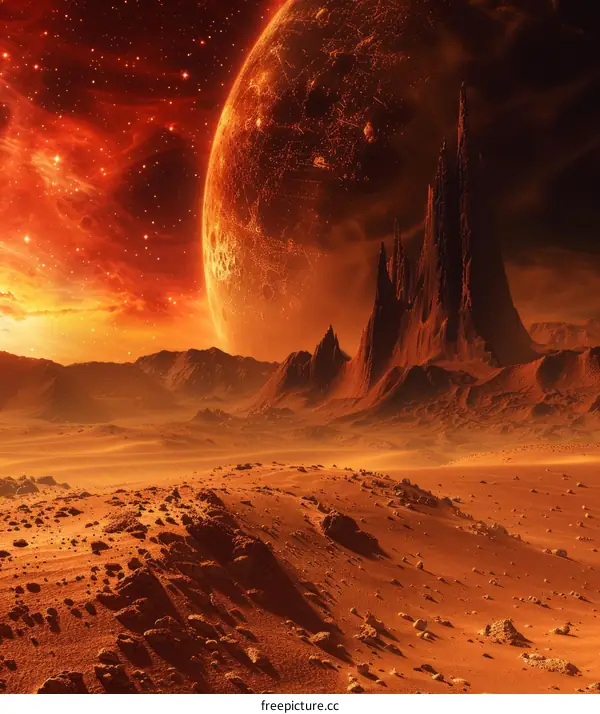 Barren red planet with large moon