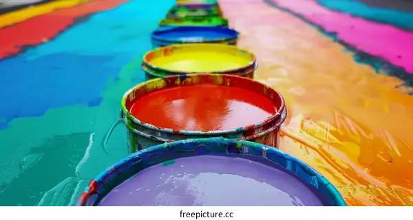 Opened Paint Buckets in a Row on the Ground