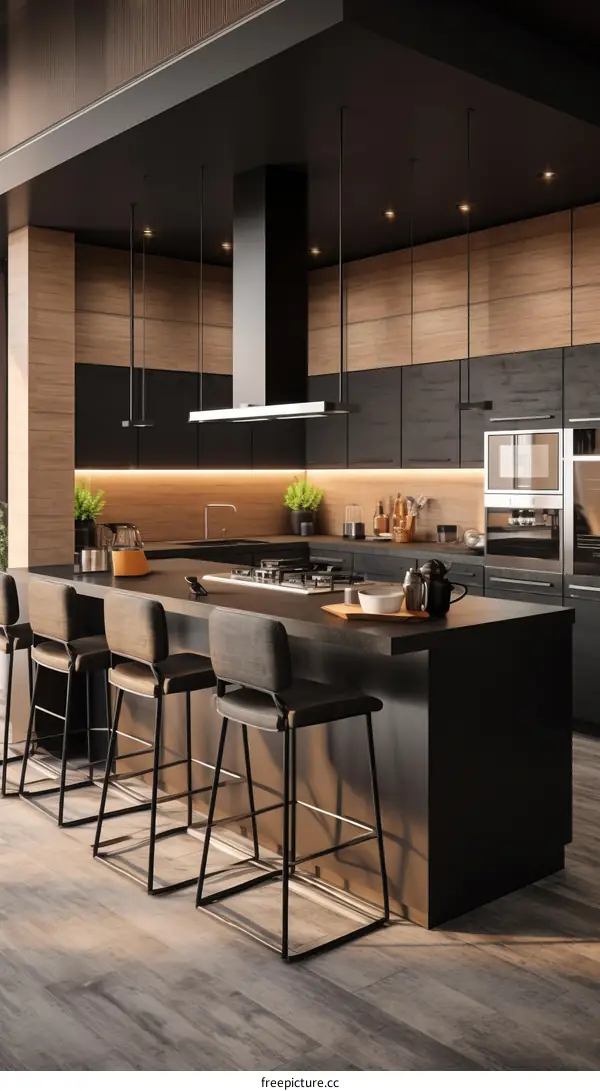 Black and wood grain modern kitchen with large island and black appliances