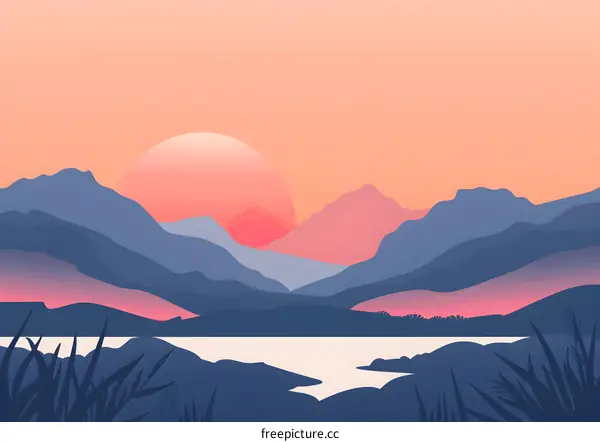 Sunset Landscape with Mountains and Lake