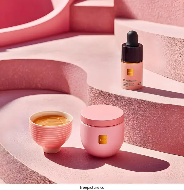 Pink and Gold Beauty Products on Abstract Background