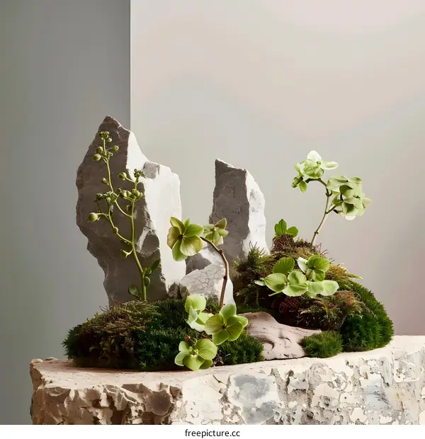 Stone and Green Plants Minimalist Still Life Photography