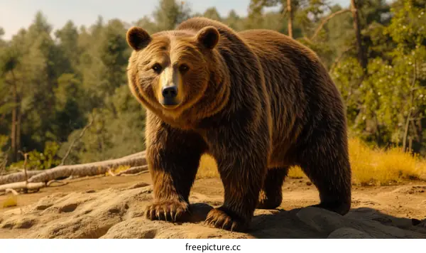 A large brown bear stands on a rocky hilltop in the middle of a forest